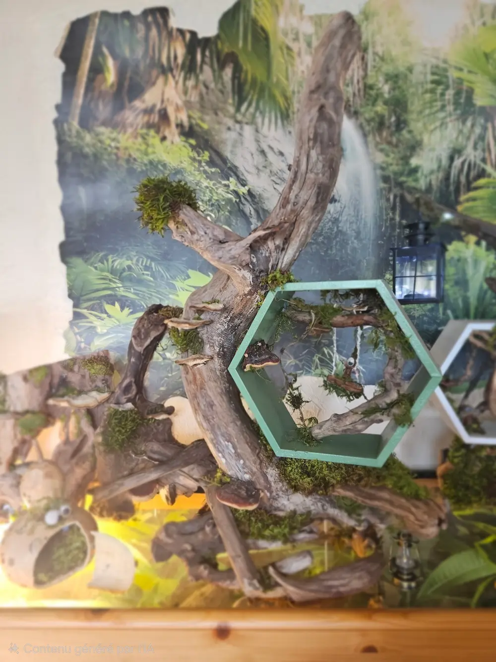 Étagère hexagonale verte avec balançoire miniature et esprit de la forêt aux yeux curieux